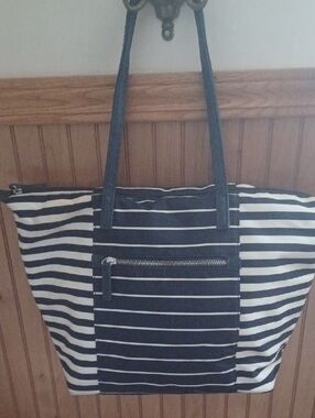 Striped Canvas Tote Bag in Navy Blue and White